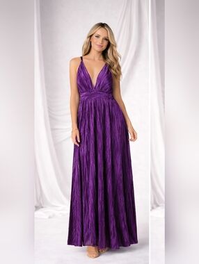 Rose Velvet Purple Crinkle V-Neck Maxi Dress
